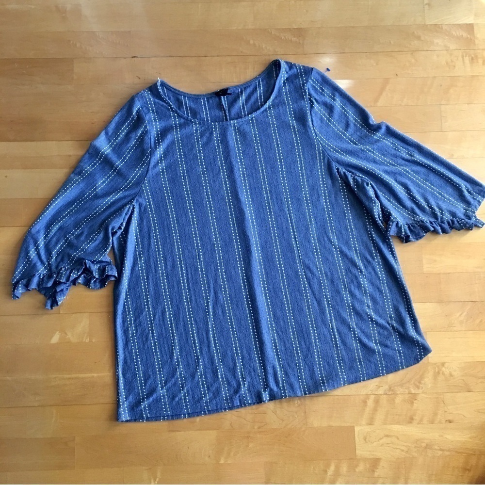 W5 Striped Top, Three Quarter Ruffle Sleeve, Blue, White, Size 3X - Picture 4 of 17